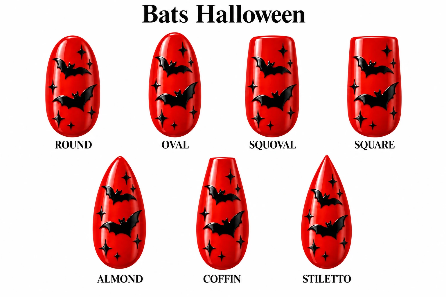 Bats Halloween in seven nail shapes