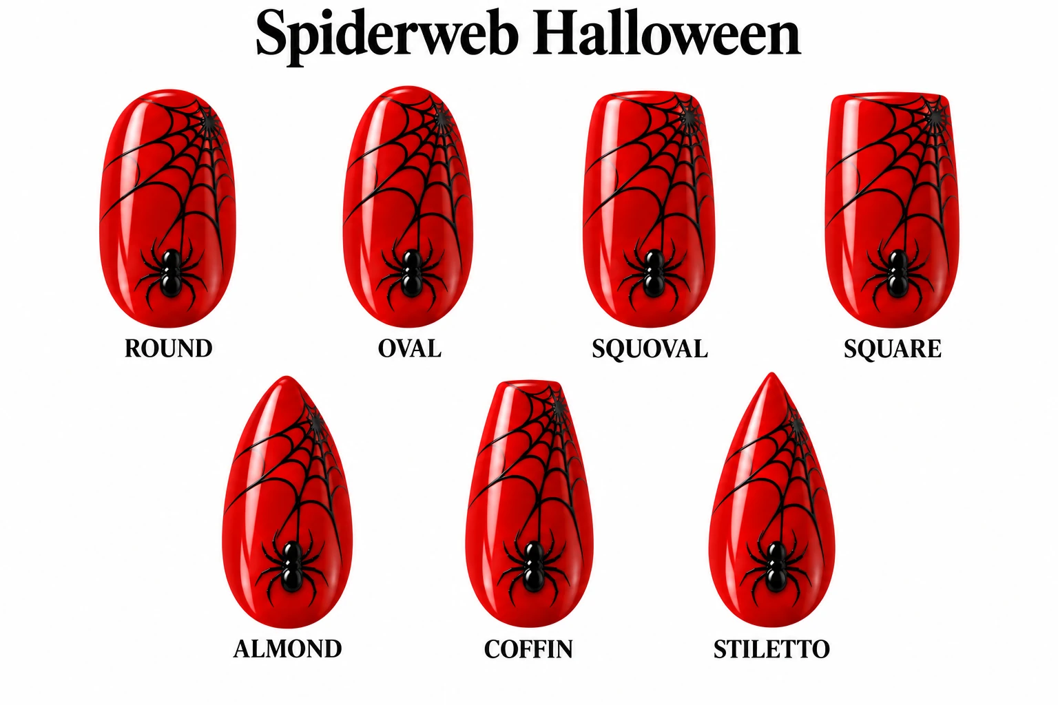Spiderweb Halloween in seven nail shapes
