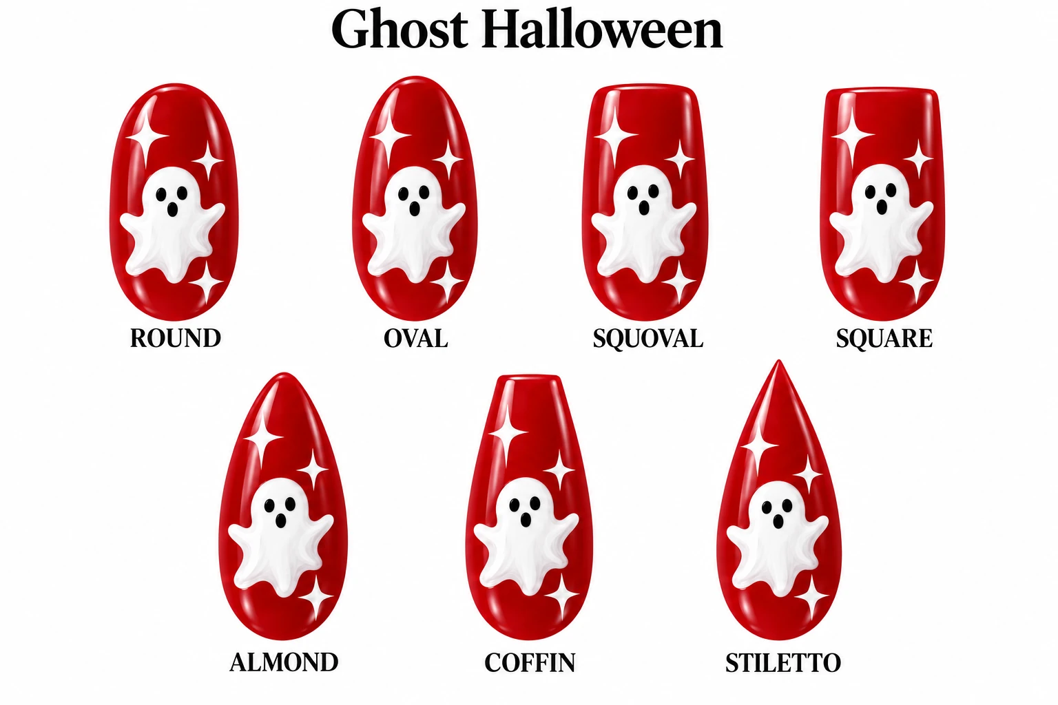 Ghost Halloween in seven nail shapes
