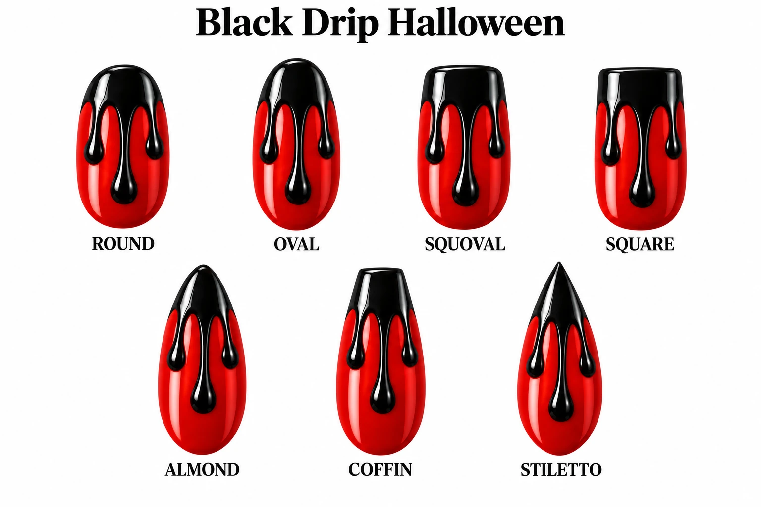 Black Drip Halloween in seven nail shapes