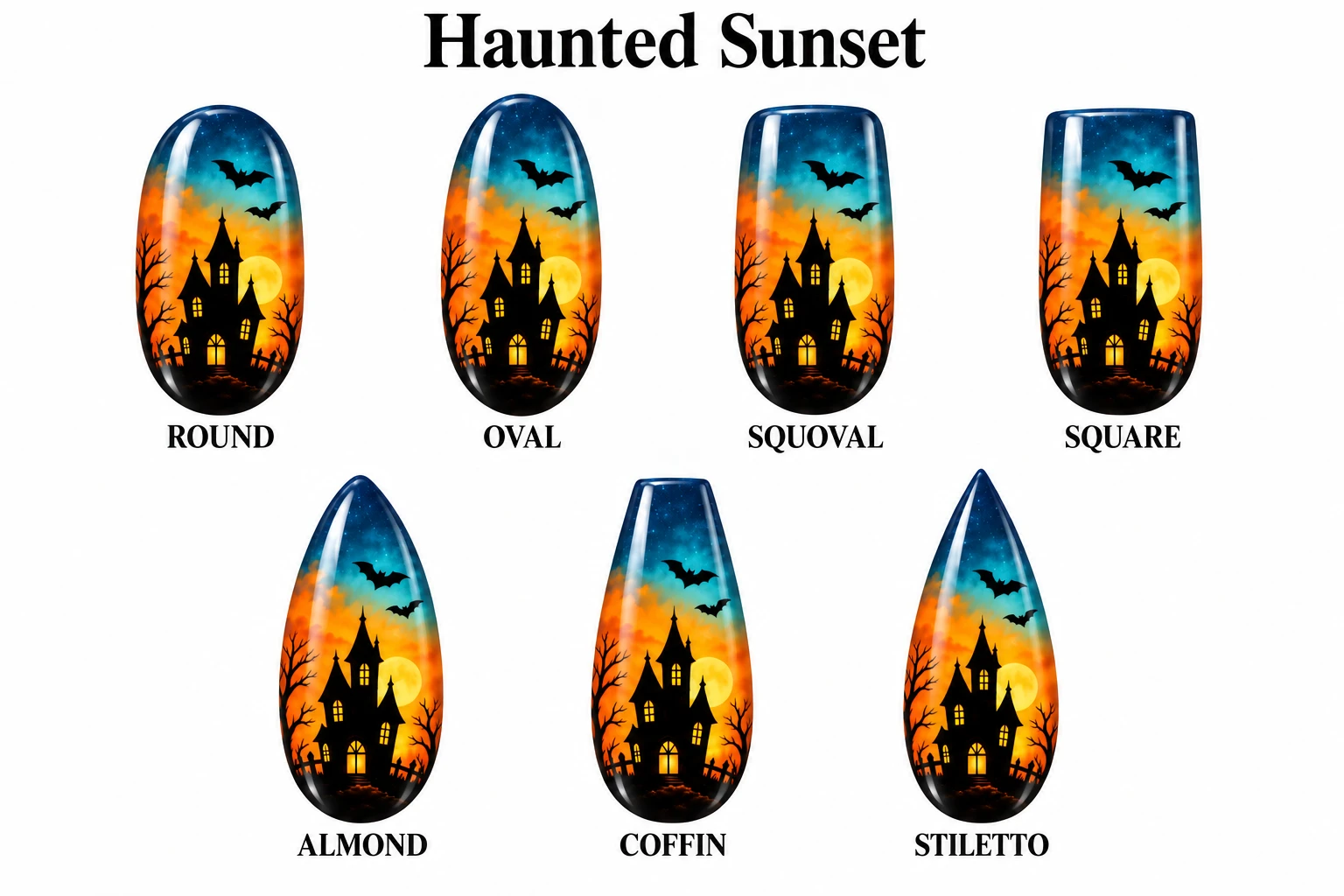 Haunted Sunset in seven nail shapes