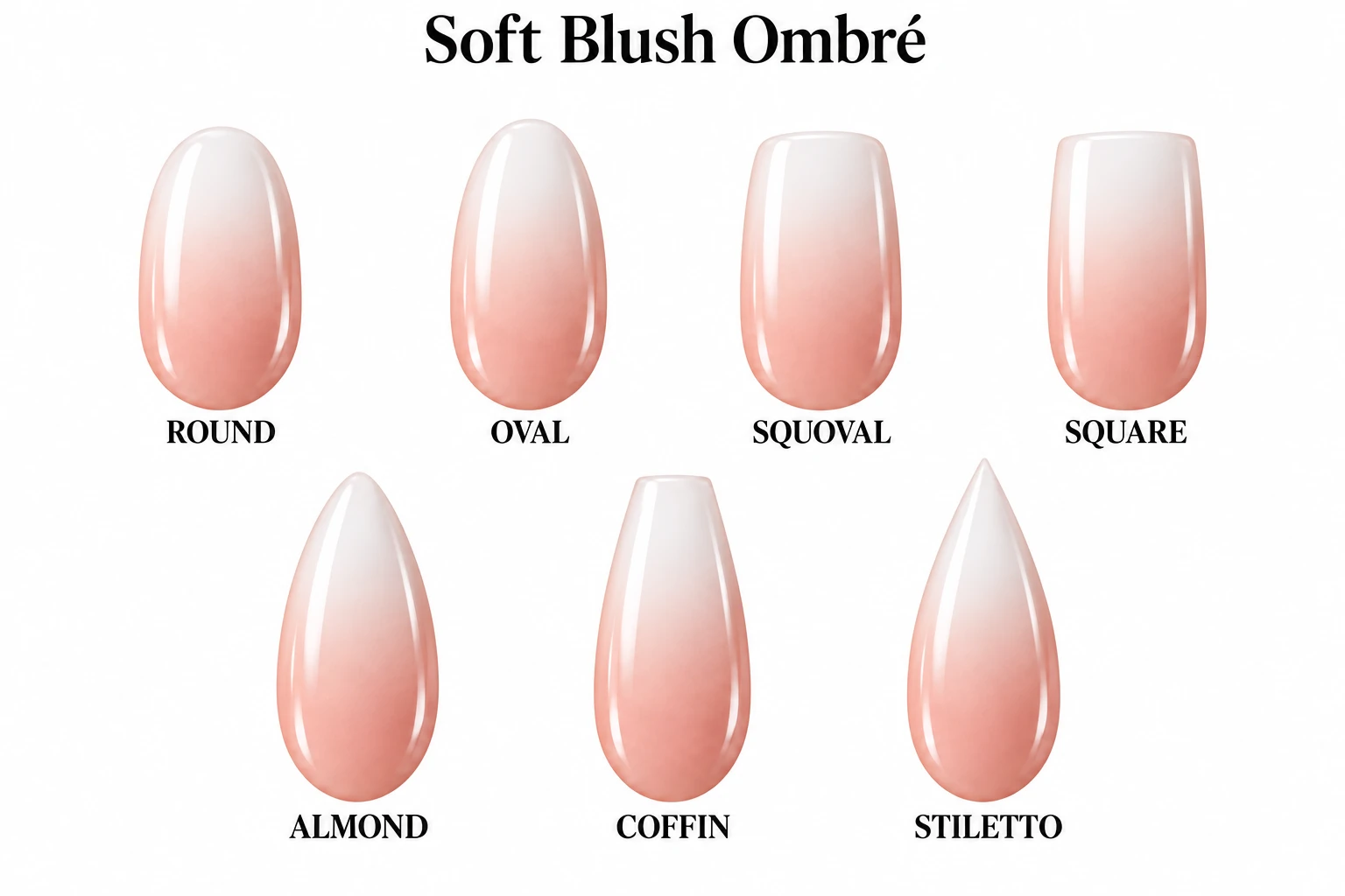 Soft Blush Ombré in seven nail shapes