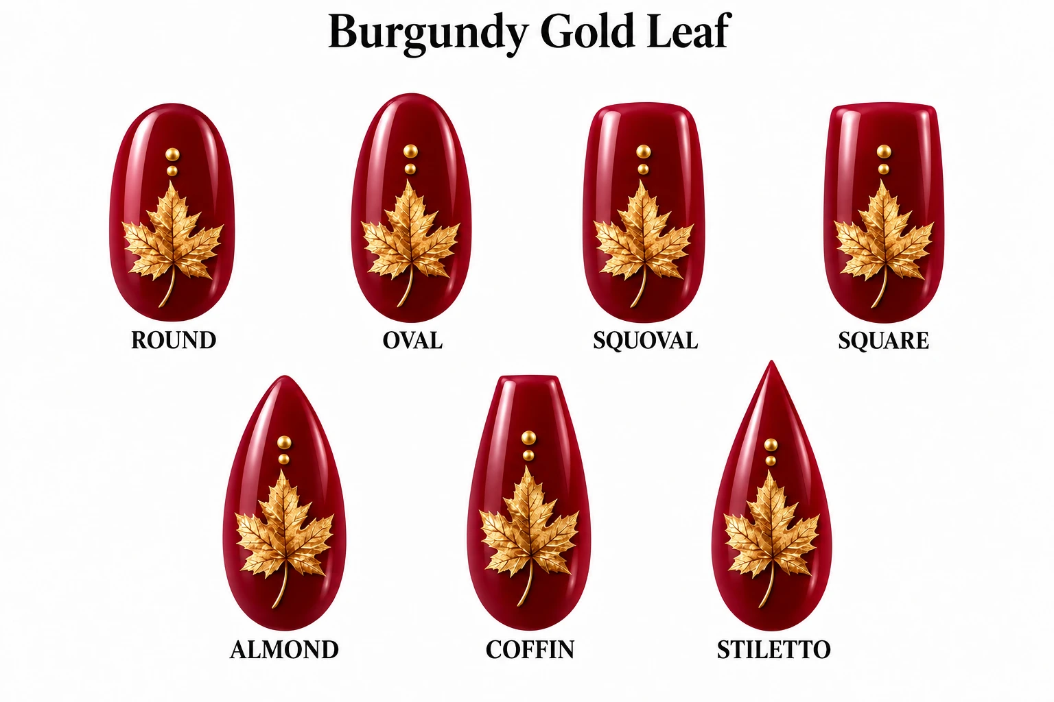 Burgundy Gold Leaf in seven nail shapes