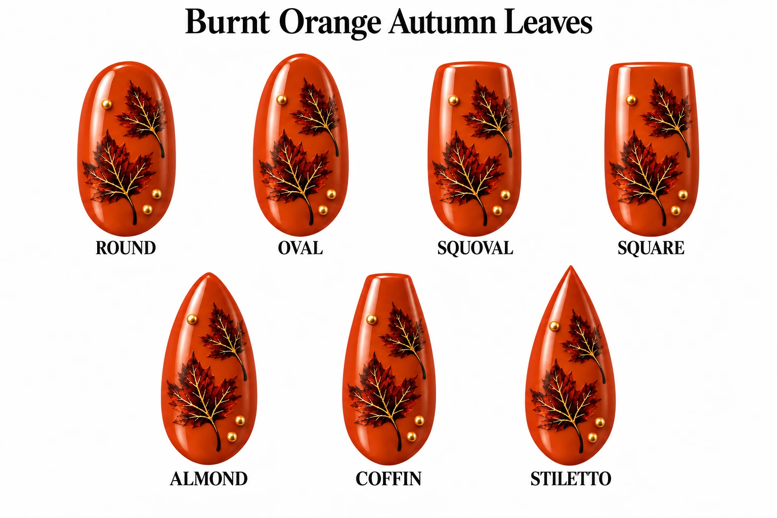 Burnt Orange Autumn Leaves in seven nail shapes