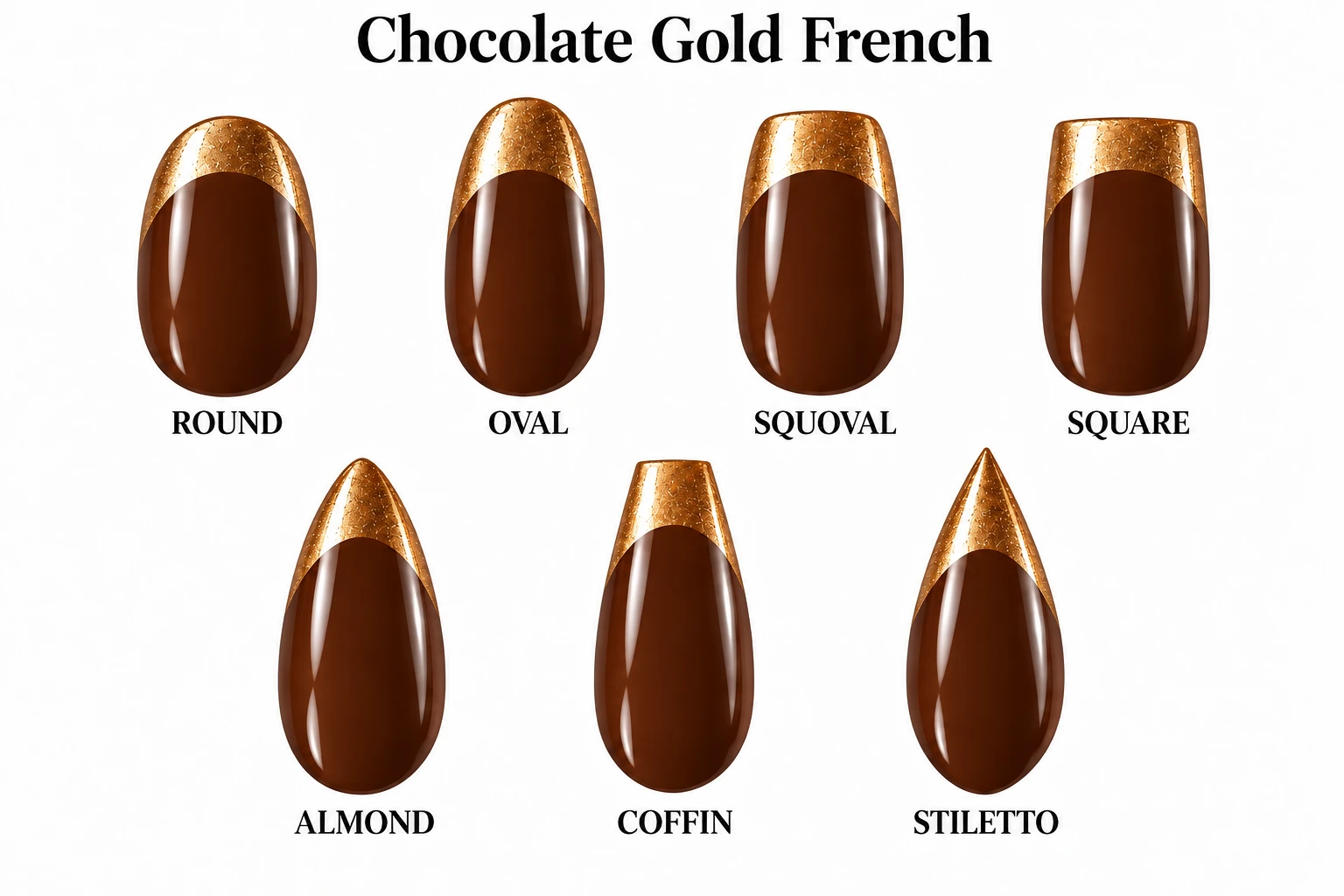 Chocolate Gold French in seven nail shapes