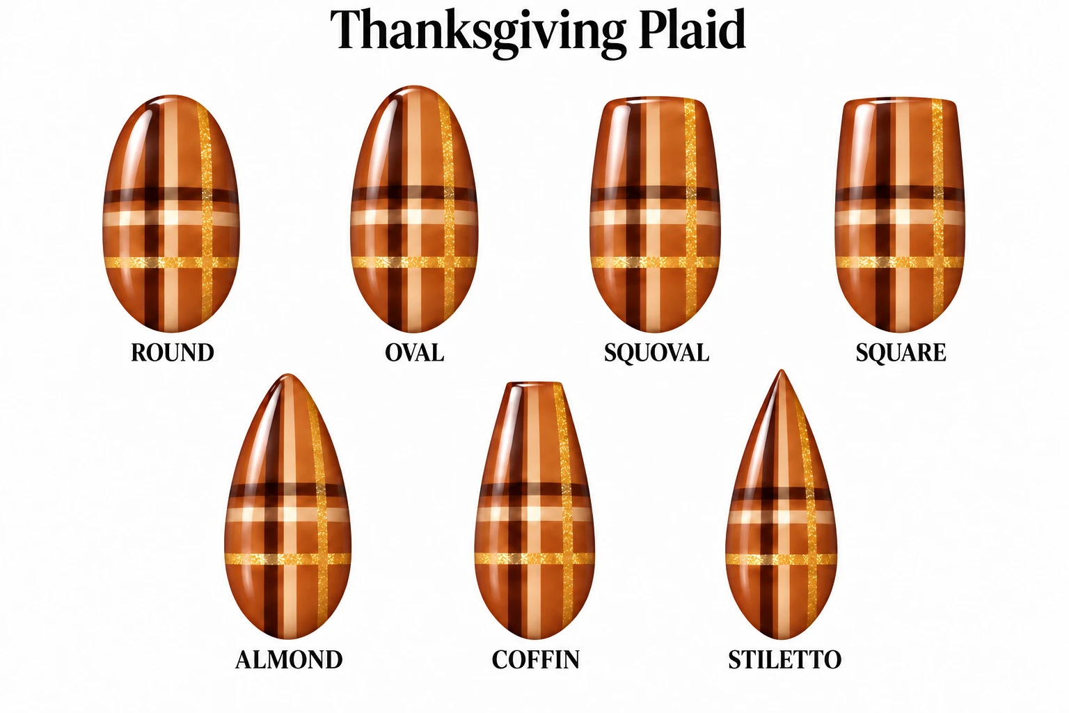 Thanksgiving Plaid in seven nail shapes