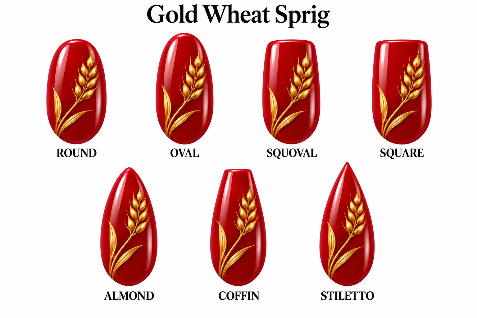 Gold Wheat Sprig in seven nail shapes