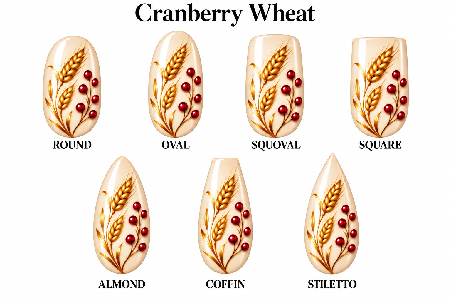 Cranberry Wheat in seven nail shapes