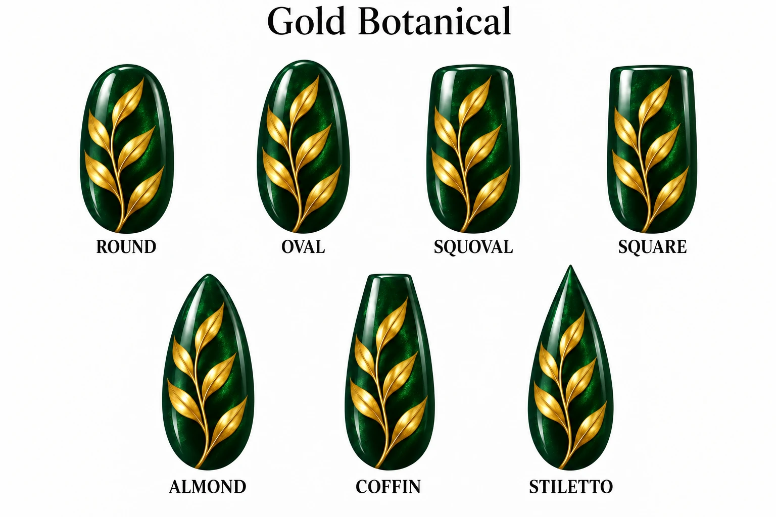 Gold Botanical in seven nail shapes