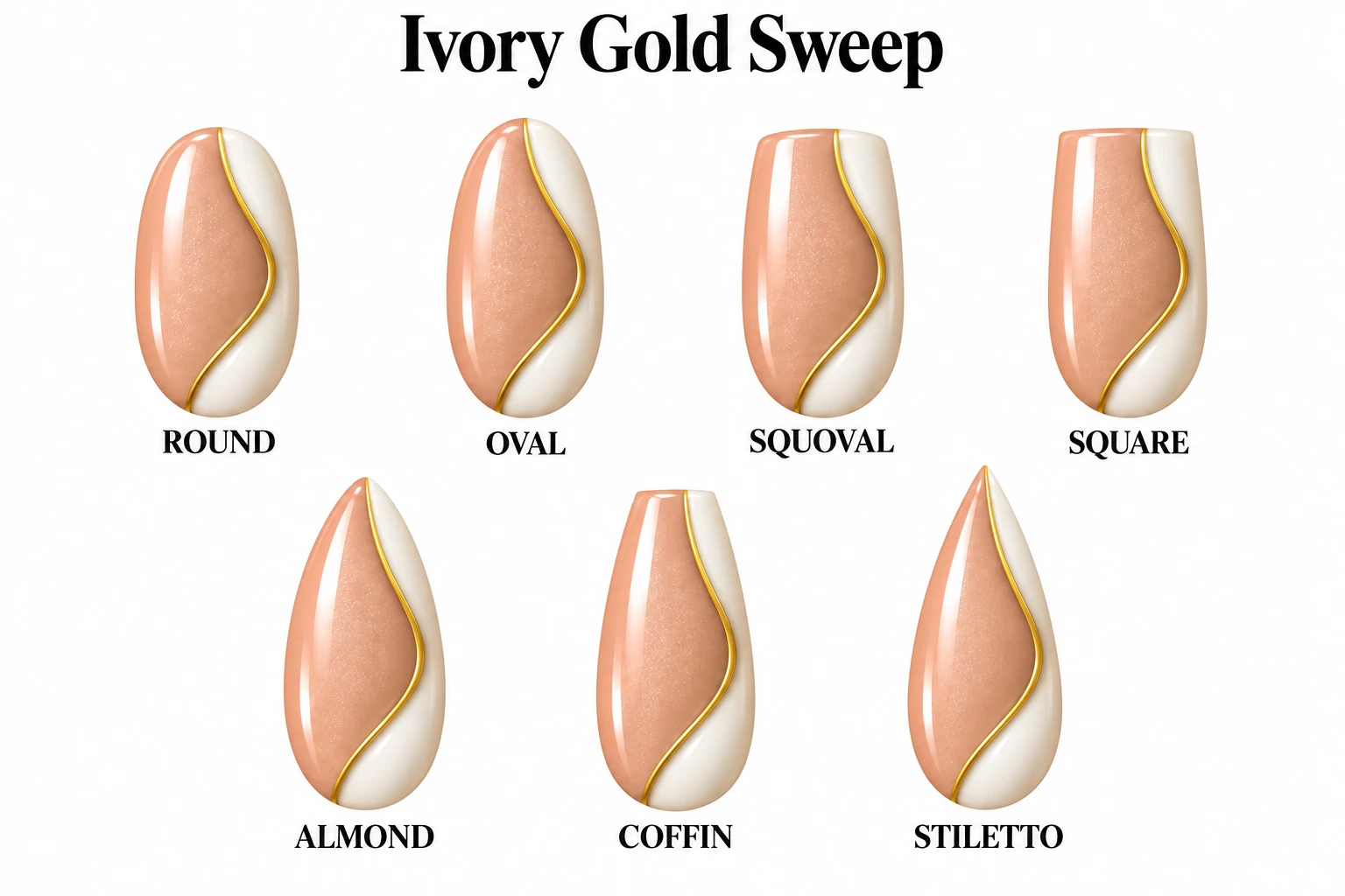 Ivory Gold Sweep in seven nail shapes
