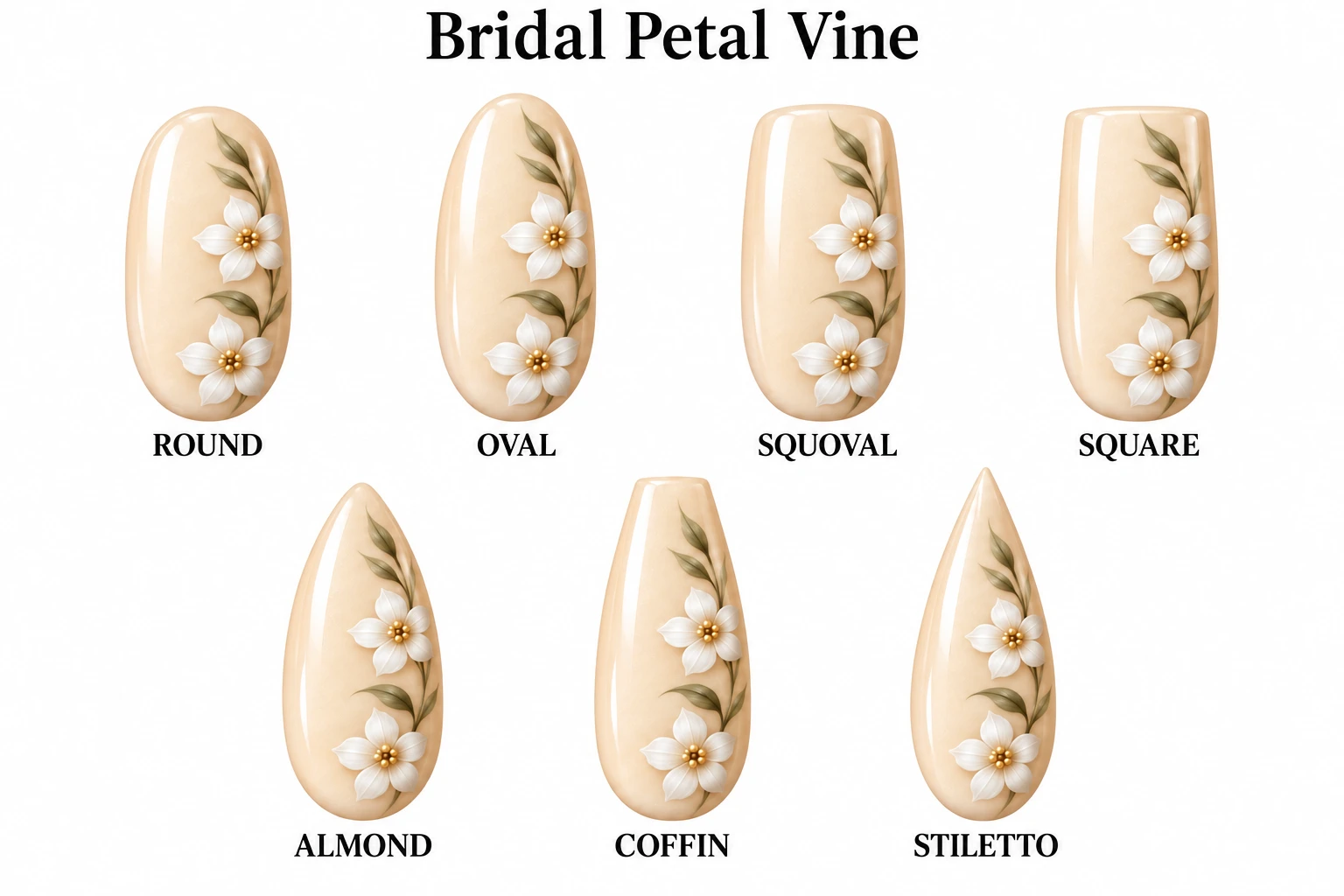 Bridal Petal Vine in seven nail shapes