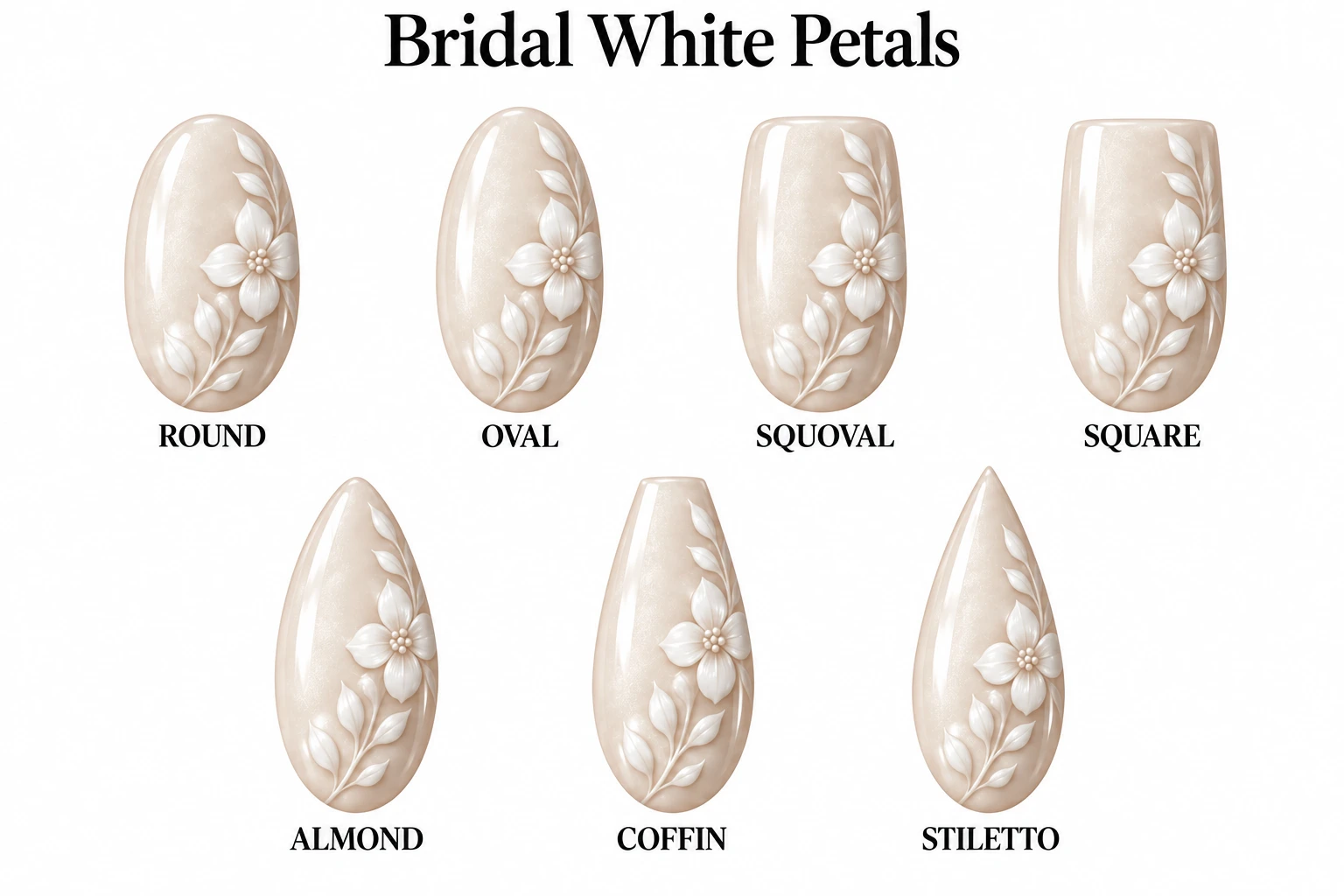 Bridal White Petals in seven nail shapes