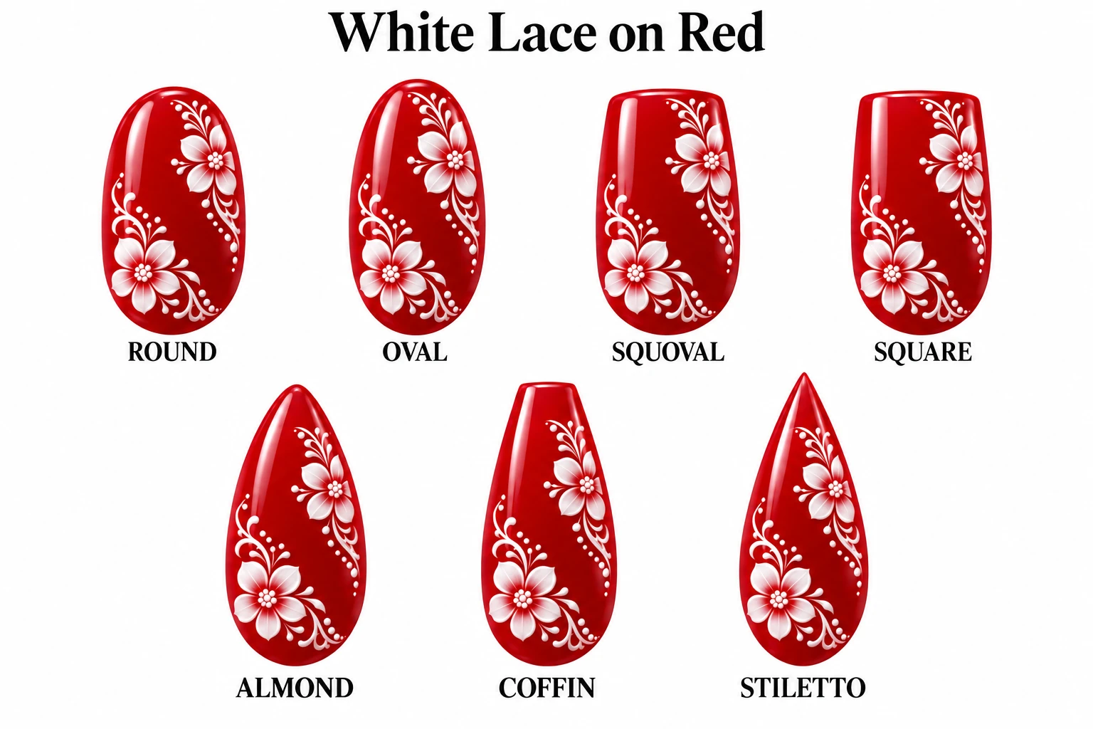 White Lace on Red in seven nail shapes
