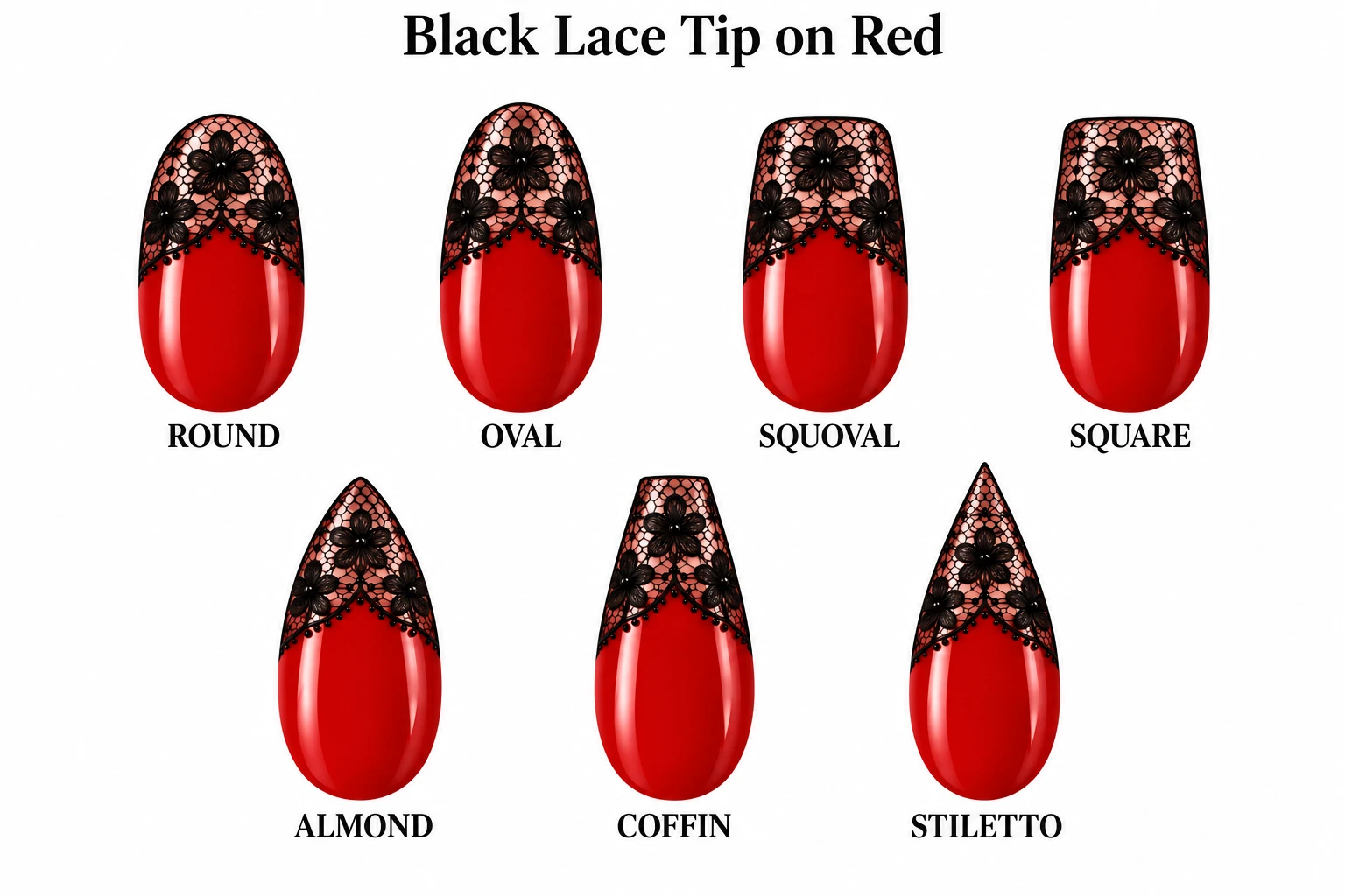 Black Lace Tip on Red in seven nail shapes