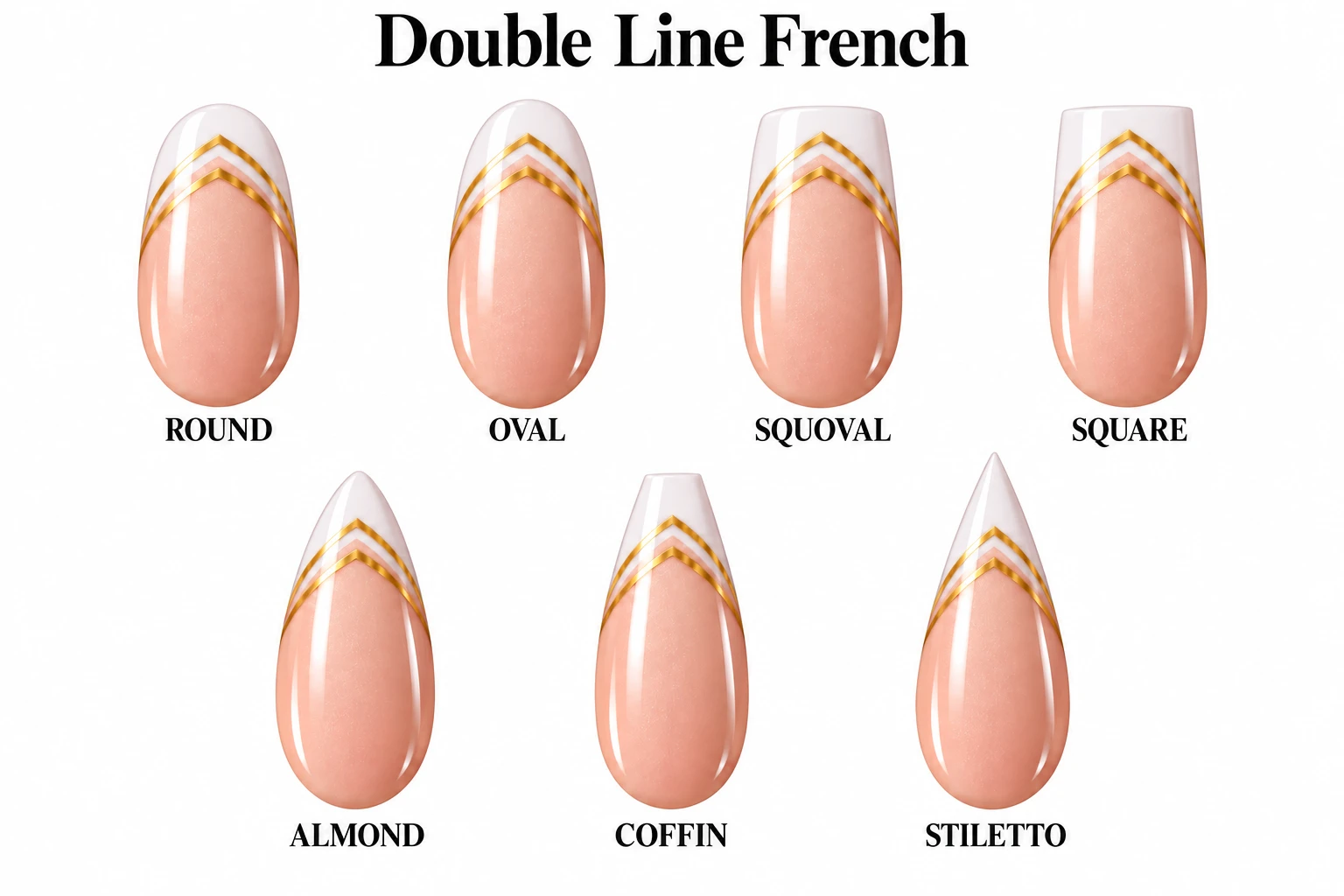 Double Line French in seven nail shapes