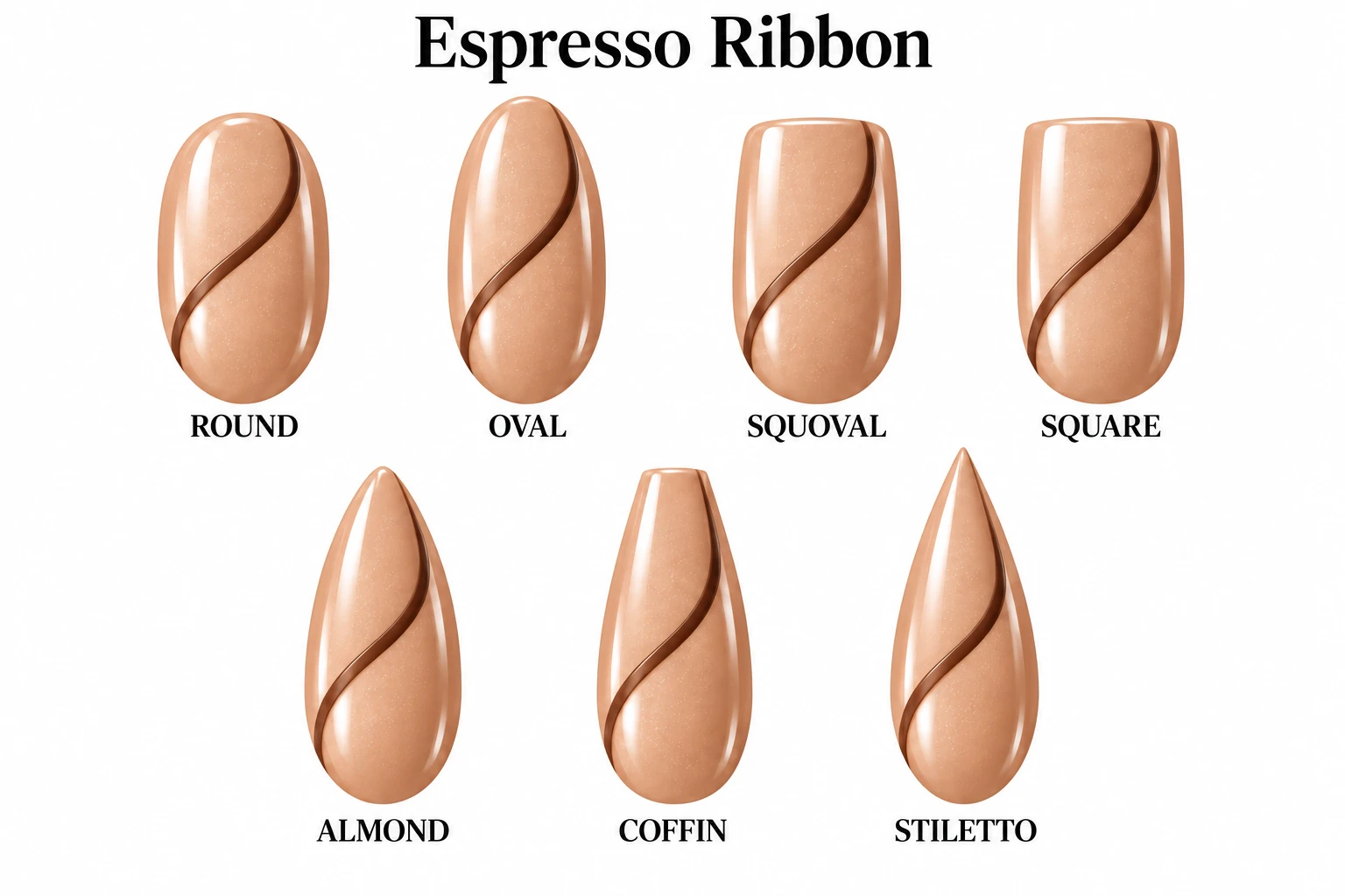 Espresso Ribbon in seven nail shapes