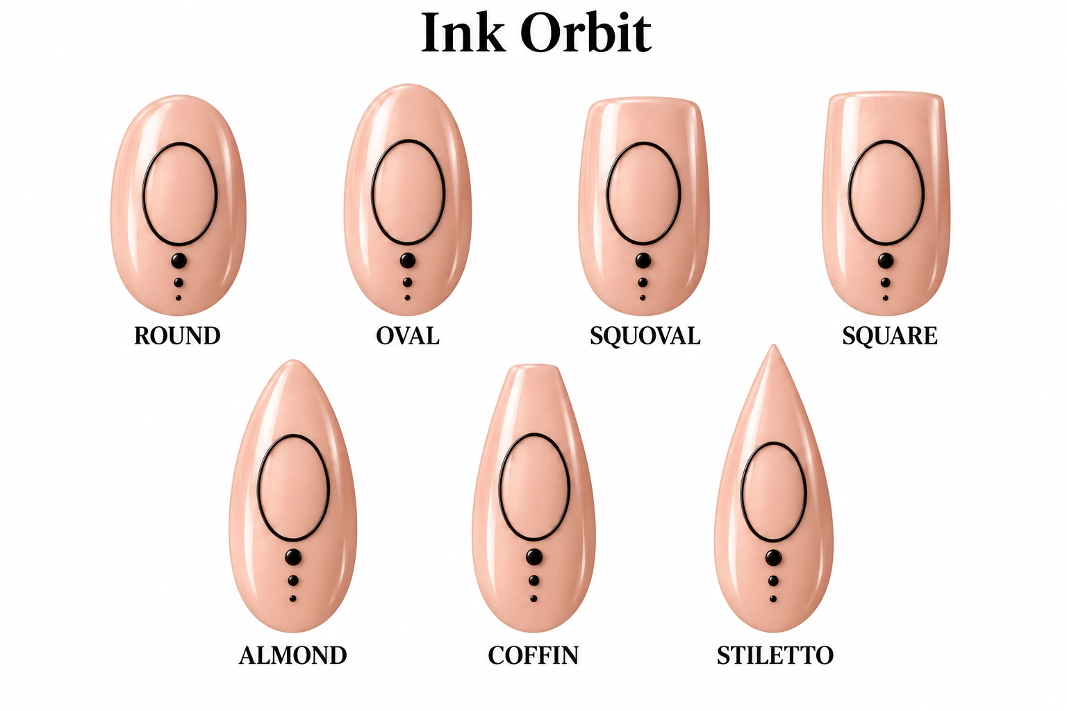 Ink Orbit in seven nail shapes