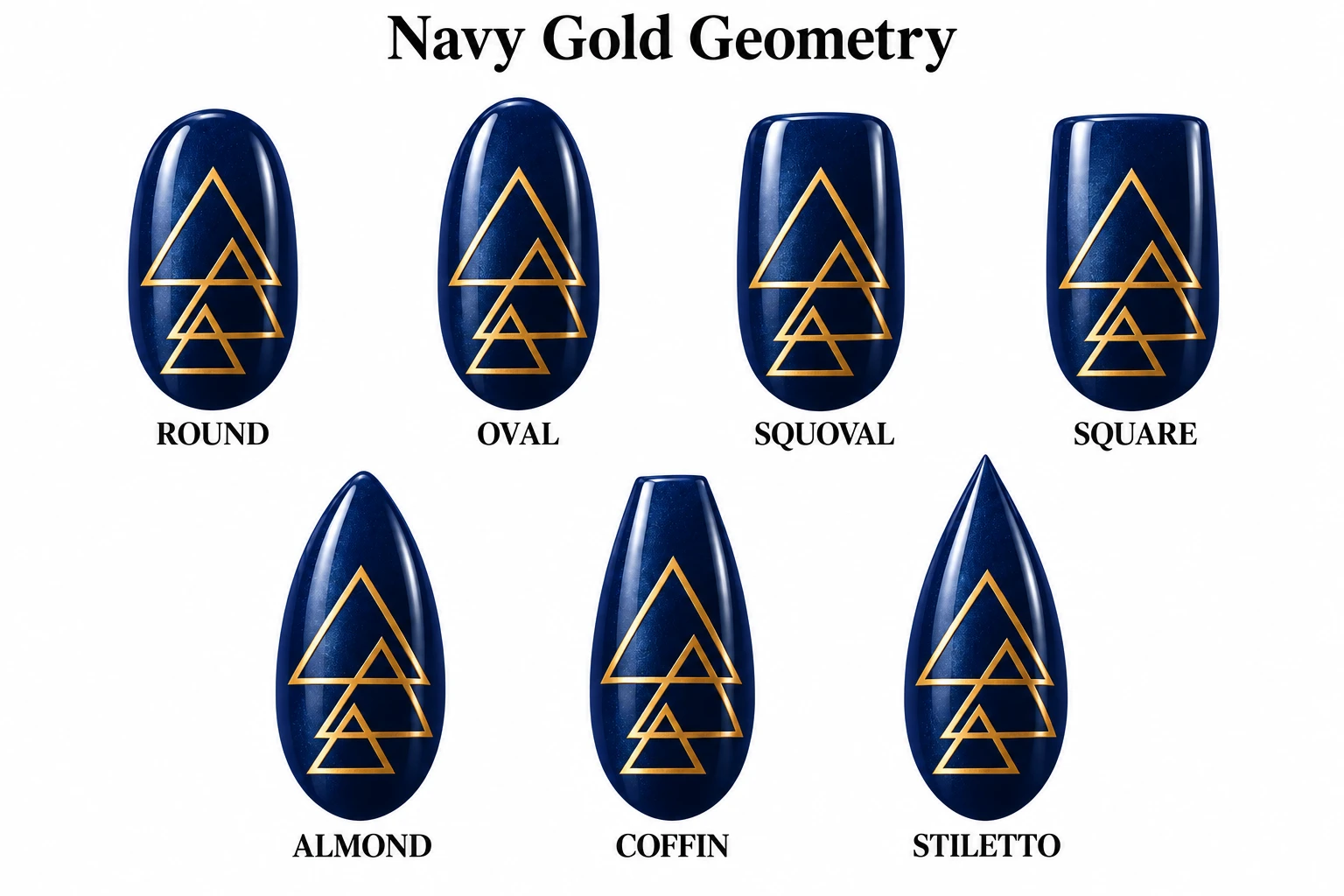 Navy Gold Geometry in seven nail shapes