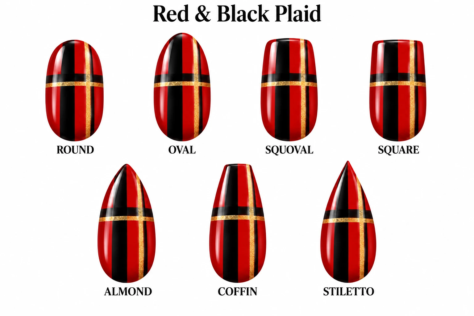 Red & Black Plaid in seven nail shapes