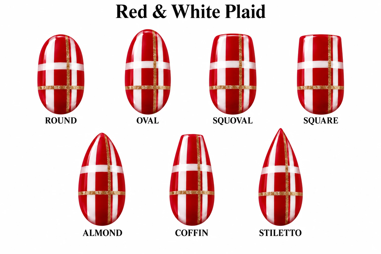 Red & White Plaid in seven nail shapes