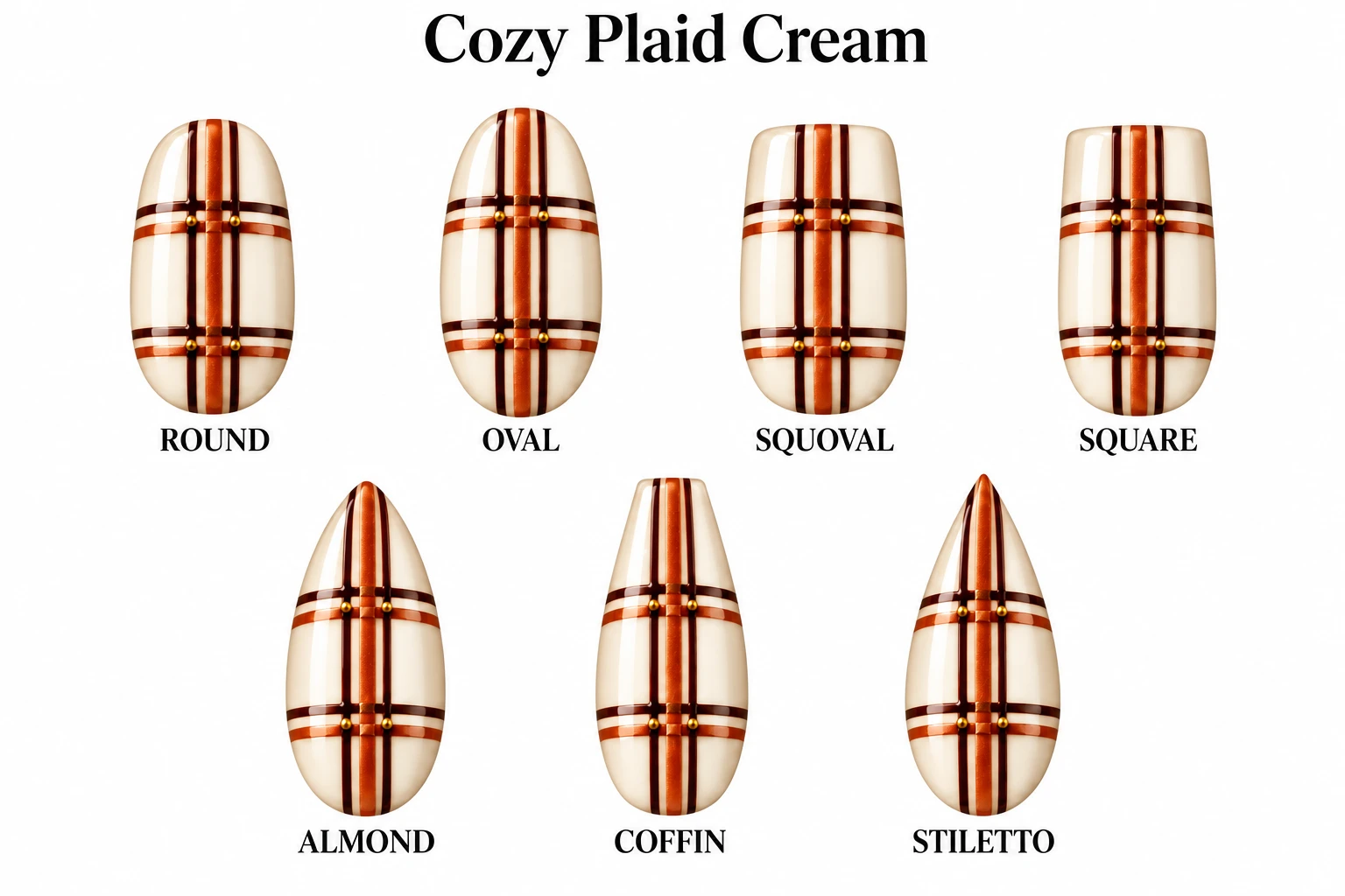 Cozy Plaid Cream in seven nail shapes