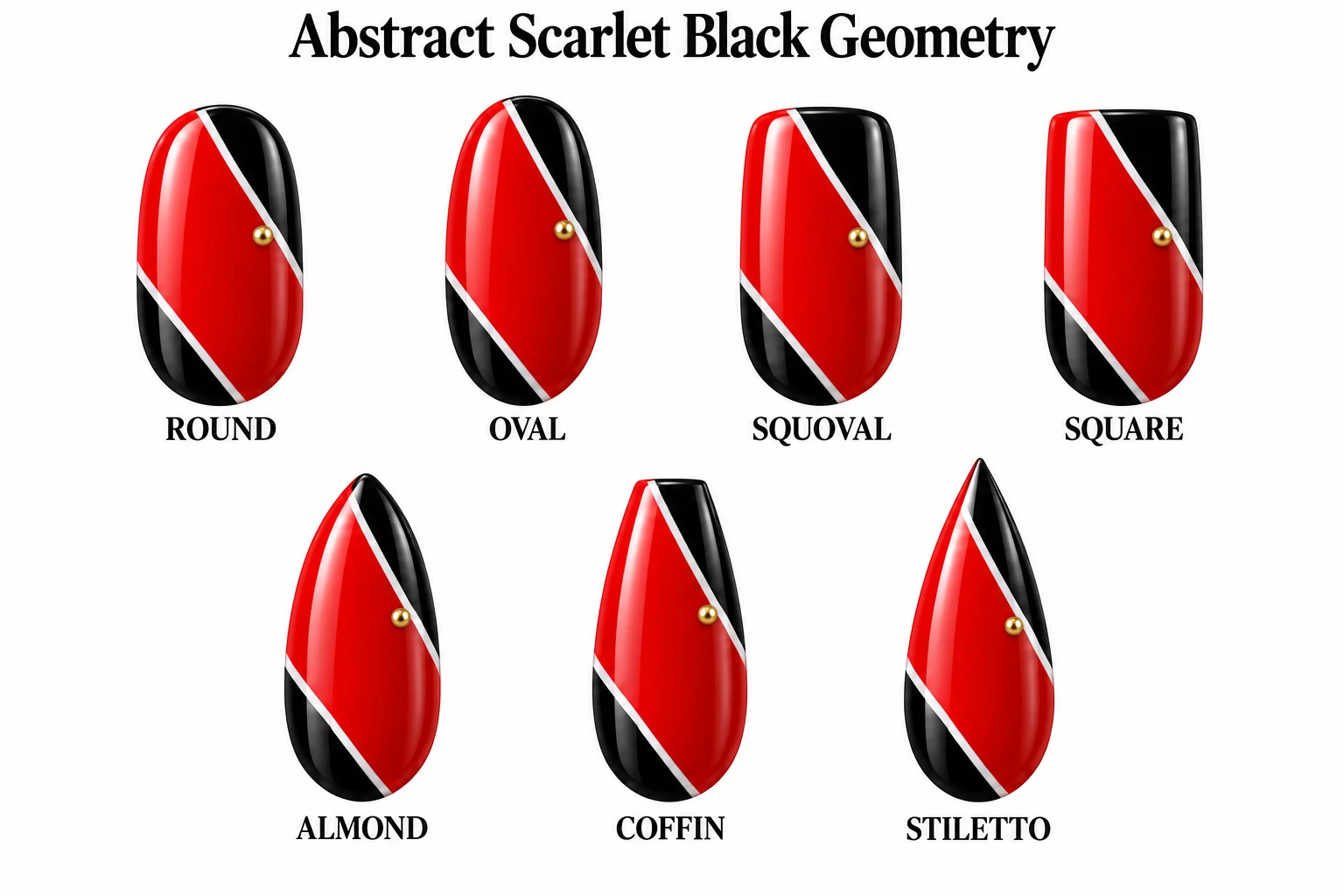 Abstract Scarlet Black Geometry in seven nail shapes