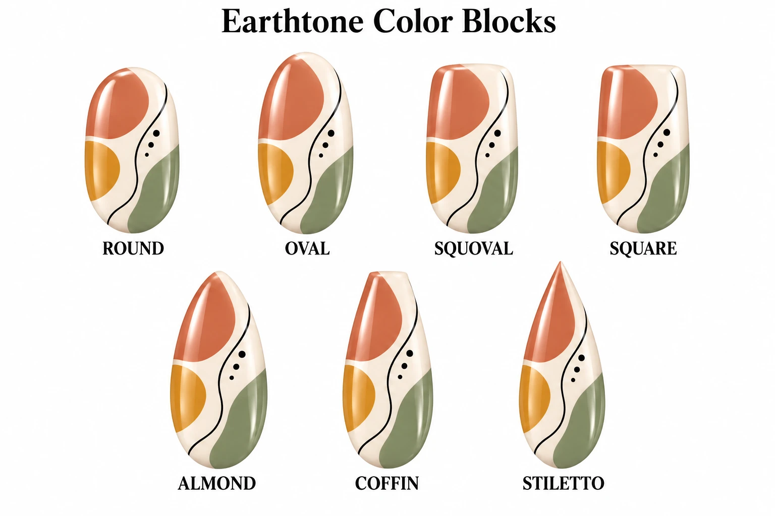 Earthtone Color Blocks in seven nail shapes