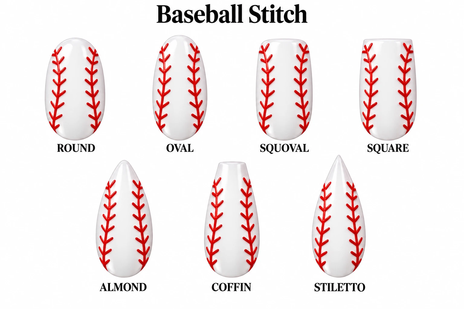 Baseball Stitch in seven nail shapes