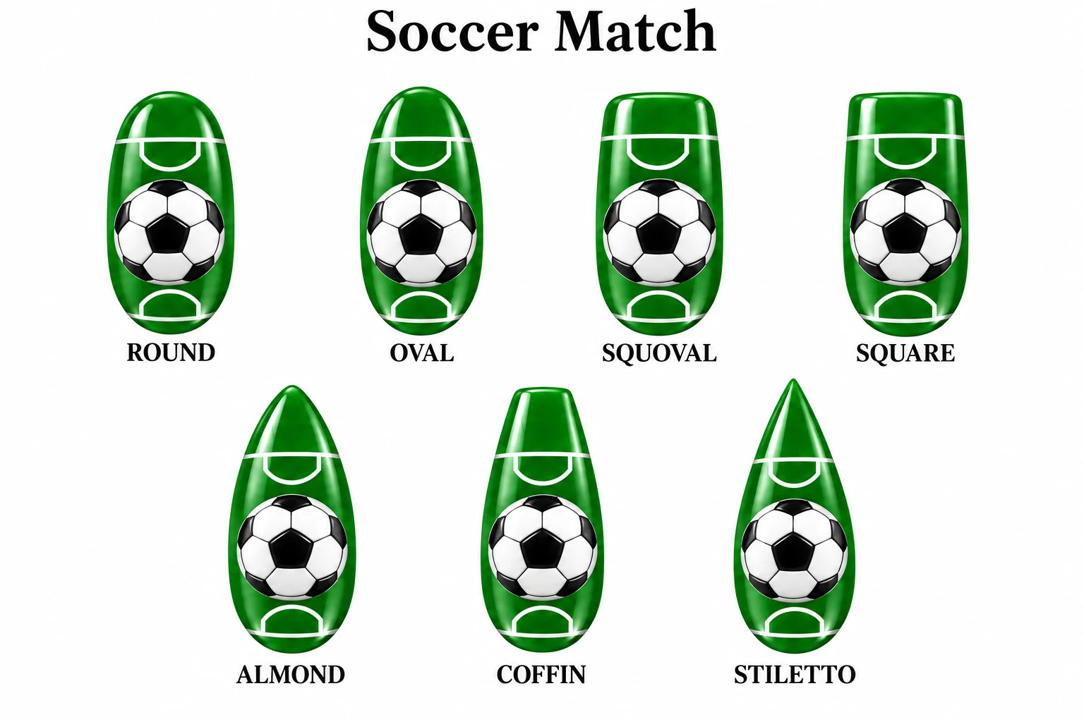 Soccer Match in seven nail shapes