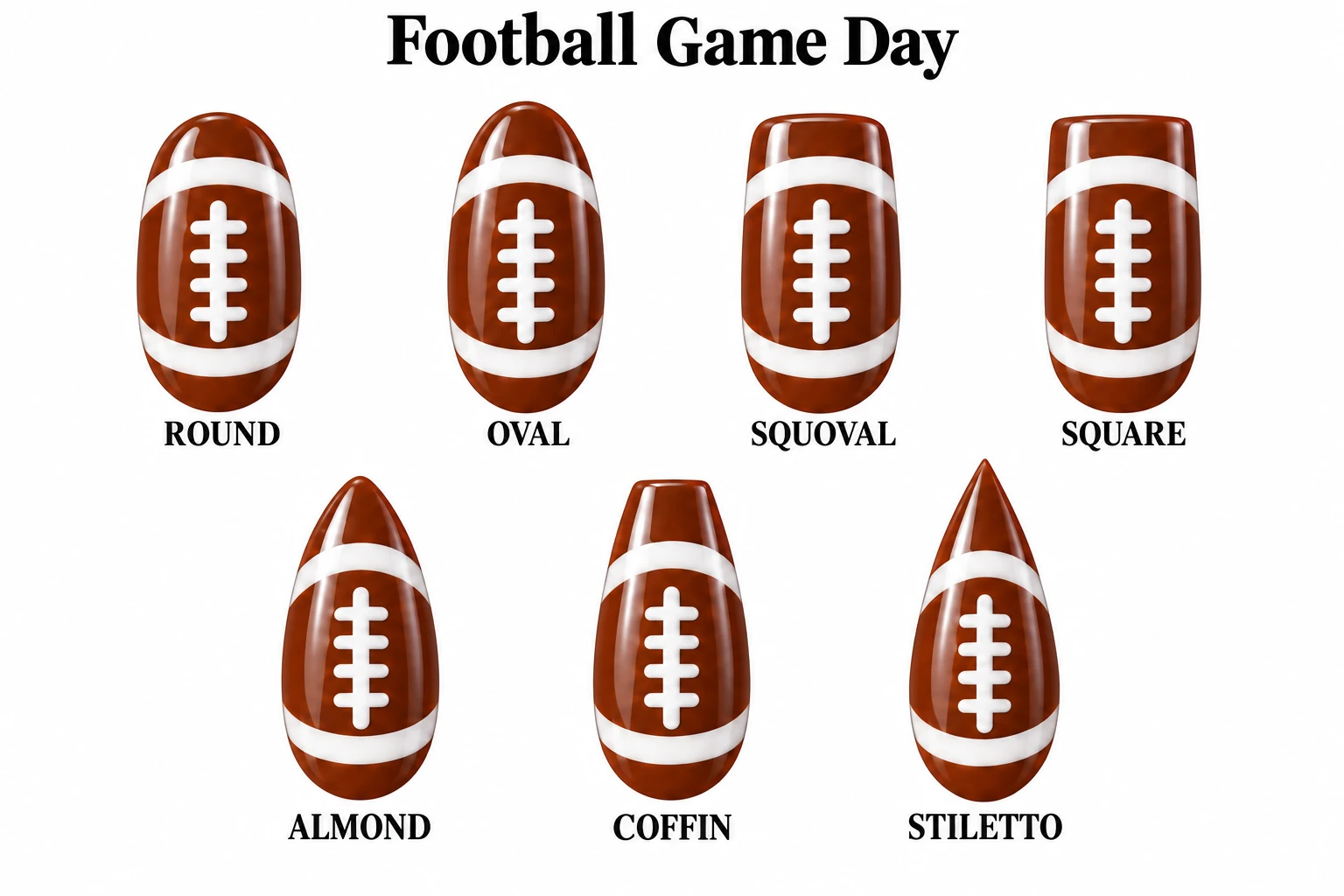 Football Game Day in seven nail shapes