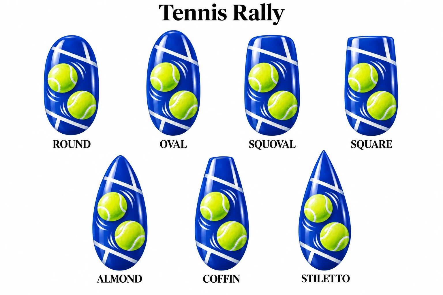 Tennis Rally in seven nail shapes