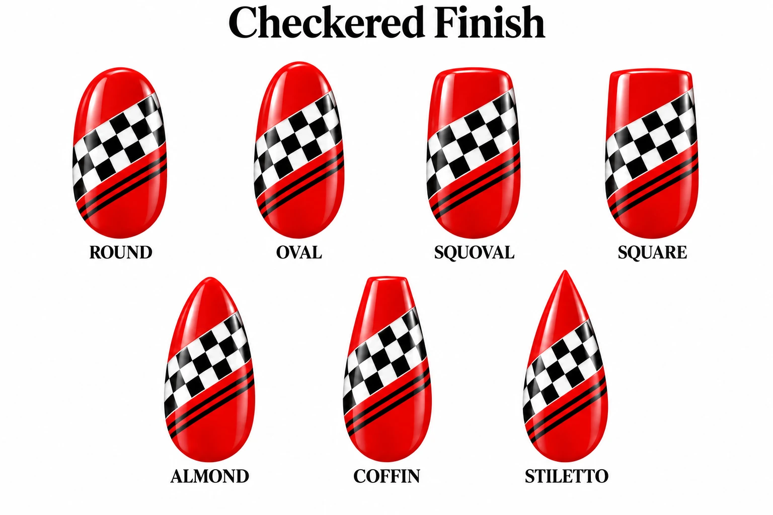 Checkered Finish in seven nail shapes