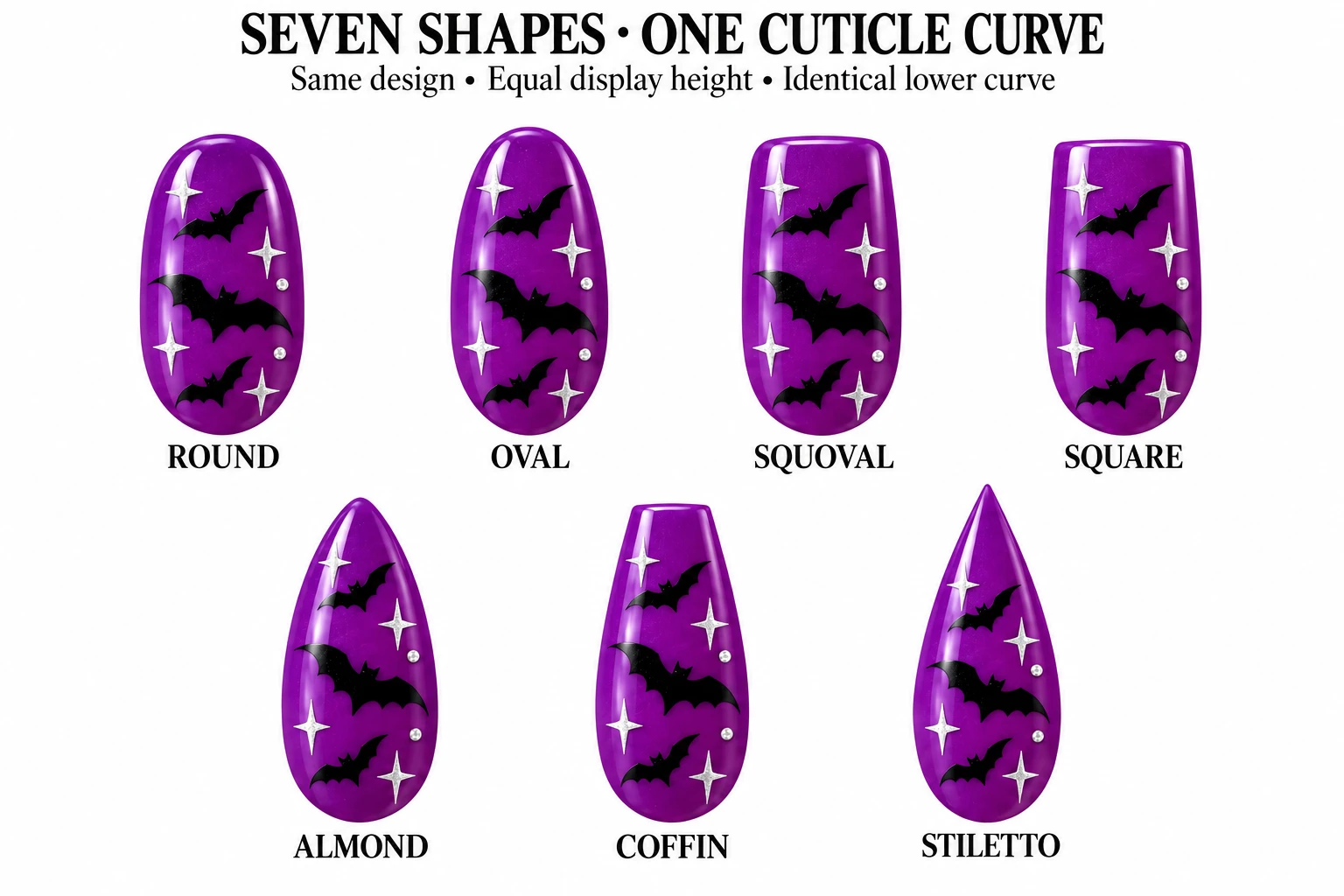 Purple Bats and Silver Stars in seven nail shapes